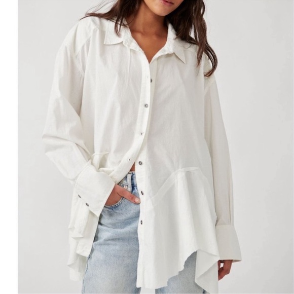 FREE PEOPLE We The Free Freya Poplin Button Down Tunic Top / Optic White - Picture 3 of 10